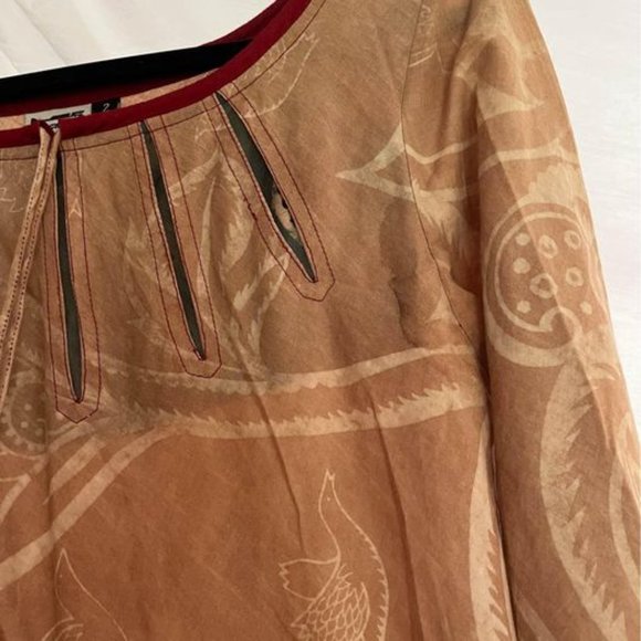 Indian block print hand dyed tan and blue bird motif tunic dress, size small - Picture 4 of 7